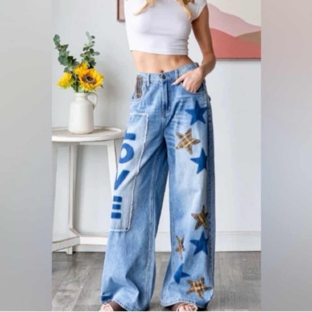 Oli &Hali Love + Stars Patchwork Baggy Wide-Leg Jeans 💙 - Picture 2 of 7